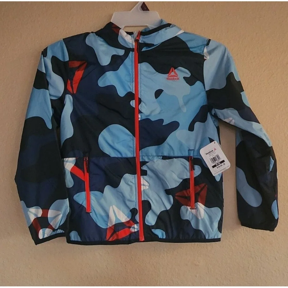 REEBOK Boys Full Zip Camo Hooded Jacket Wind Breaker Pockets M 8 NWT